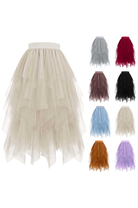 Women's Tulle Skirts Puffy High Low Layered Midi Skirt 2025 Trendy High Waist Irregular Tutu Skirt Ladies Mesh Party Fairy Skirts Black L