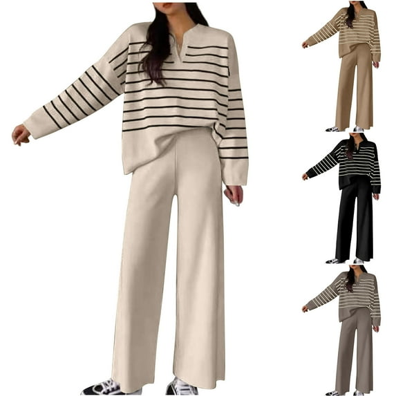 Jinhomg Women's Two Piece Thin Sweater Lounge Sets 2026 Fall Winter Oversized Knit Pullover with Wide Leg Pants Casual Comfy Knitted Outfits Coffee Free Size