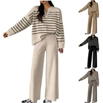 Jinhomg Women's Two Piece Thin Sweater Lounge Sets 2025 Fall Winter Oversized Knit Pullover with Wide Leg Pants Casual Comfy Knitted Outfits Summer Saving Beige Free Size