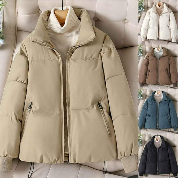 Jinhomg Women's Warm Quilted Coat Casual Solid Long Sleeve Full-Zip Puffer Coats Fall Winter Comfy Down Jacket with Zipper Pockets Sales Today Clearance Blue S