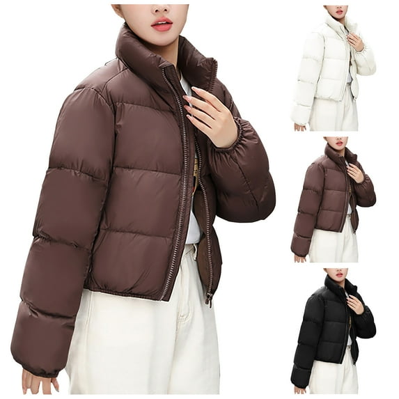 Jinhomg Women's Winter Down Coat Comfy Full-Zip Stand Collar Puffer Jacket Fall Winter Warm Long Sleeve Cropped Padded Coats White S