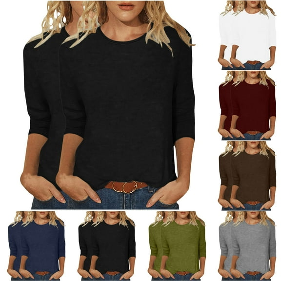 Jinhomg Womens 2 Piece 3/4 Sleeve Tops Dressy Casual Crew Neck Solid Pullovers Loose Comfy Tunic Tee Shirts Army Green S