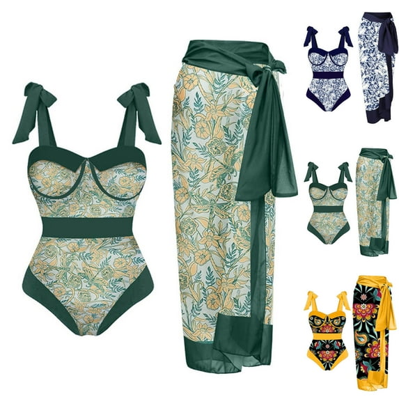 Jinhomg Womens 2 Piece Bathing Suits Elegant Boho Floral Print One Piece Tankini Swimsuits with Cover Up Wrap Skirt Casual Vacation Beachwear 90% off Clearance Sale Green XXL