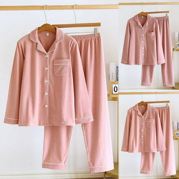 Jinhomg Womens 2 Piece Comfy Pajama Set Casual Long Sleeve Button Down Tops and Elastic Waist Pant Fall Winter Loungewear Outfits Summer Saving Pink XL