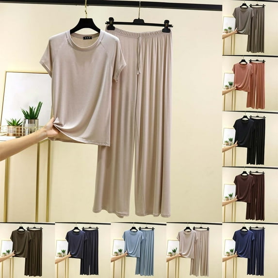 Jinhomg Womens 2 Piece Outfits Summer Casual Loose Short Sleeve Pullover Tops and Wide Leg Pants 2 Piece Solid Lounge Sets Lightweight Pjs Coffee L