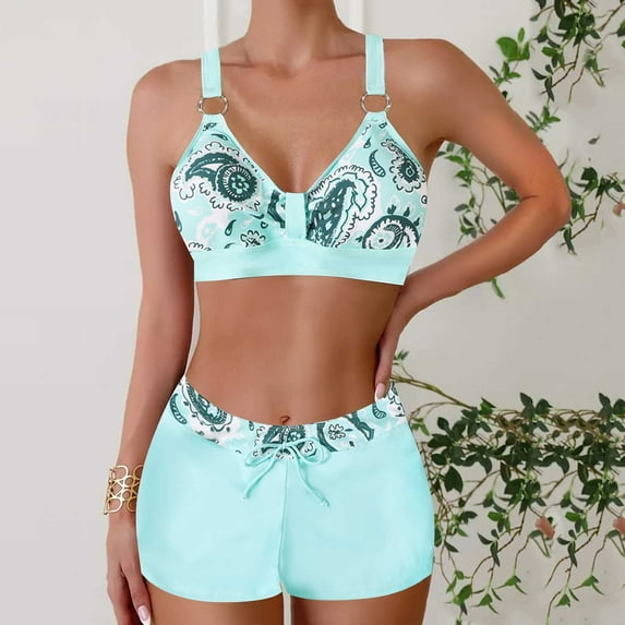 Jinhomg Womens 2 Piece Summer Swimwear Casual Floral Print Bikini Tops with Elastic Drawstring Waist Swim Shorts 2025 Trendy Vacation Beachwear 2025 Saving Black M