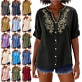 thumbnail image 1 of Jinhomg Womens 3/4 Sleeve Button Down Shirts Cotton Linen Roll Up Short Sleeve Tops V Neck Casual Loose Fit Blouses Blue L, 1 of 5