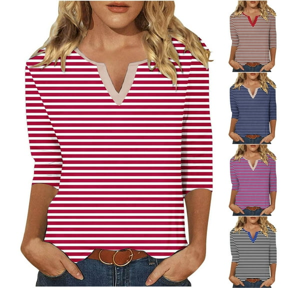 Jinhomg Womens 3/4 Sleeve T Shirts 2026 Trendy Striped Print Tunic Tops Casual Comfy V Neck Out Wear Tees Red S