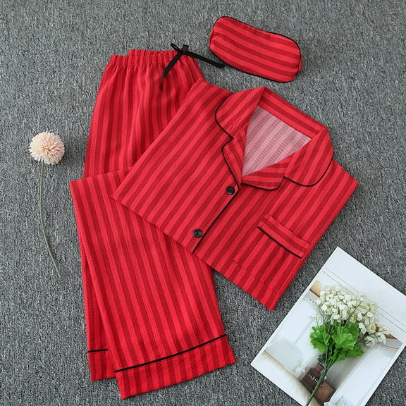 Jinhomg Womens 3 Piece Sleep Sets Cute Striped Print Long Sleeve Button Down Tops with Straight Pants and Eye Masks Fall Lightweight Comfy Pajamas Red XL