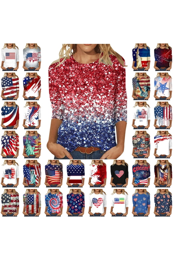 Womens 4Th of July Shirt Fancy Red White And Blue Sequin Print Blouses Plus Size Comfy 3/4 Length Sleeve Patriotic Tops 2025 Independence Day Parade Street Costume Red XXXXXL