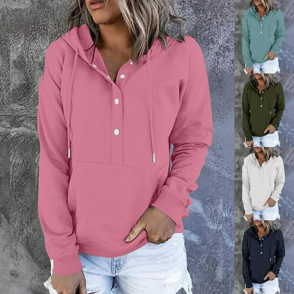 Jinhomg Womens Athletic Hoodies Lightweight Comfy Half Button Front Hooded Pullover Casual Loose Long Sleeve Kangaroo Pocket Top with Drawstring Prime Day 2026 Light Blue L