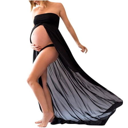 Jinhomg Womens Baby Shower Dresses Maternity Off Shoulder Chiffon Gown Fancy Split Front Maxi Pregnancy Dress for Photoshoot Summer Saving Black L
