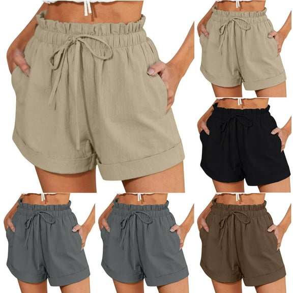 Jinhomg Womens Basic Summer Shorts Plus Size Comfy Cotton Linen Shorts Dressy Casual Solid Elastic Drawstring Waist Beach Shorts with Pockets Black XXL