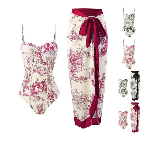 Jinhomg Womens Bathing Suits 2 Piece Elegant Floral Print Beachwear Casual Spaghetti Strap One Piece Swimsuit with Cover Up Wrap Beach Skirt Clearance Items for Women Red S