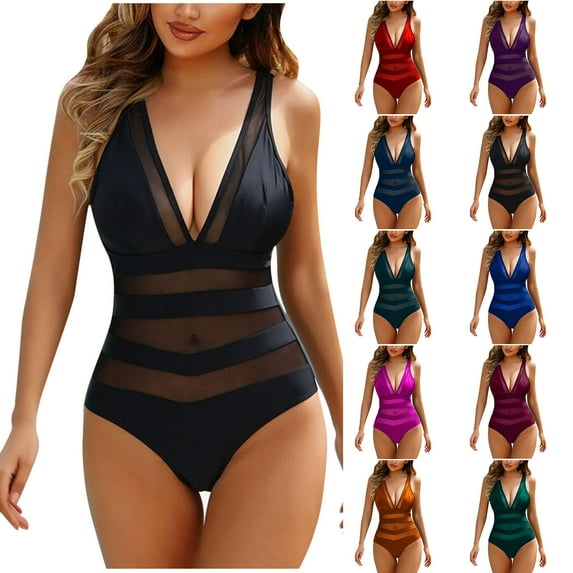 Jinhomg Womens Beach Swimsuit Lightweight Sleeveless One Piece Bathing Suit 2025 Fashion Mesh Patchwork V-Neck Swimwear Summer Vacation Bikini Blue M