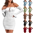 thumbnail image 1 of Jinhomg Womens Bodycon Mini Dress Fashion off Shoulder Ruched Party Dresses Lace Up Long Sleeve Club Dress Evening Night Out Dresses Light Blue S, 1 of 10