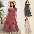 thumbnail image 1 of Jinhomg Womens Boho Dresses 2025 Trendy Off Shoulder Shirred Dress Plus Size Casual Short Sleeve Split Maxi A Line Dress Vacation Beach Dresses Navy L, 1 of 9