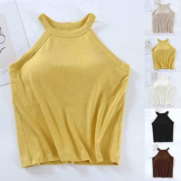 Jinhomg Womens Built in Bra Camisoles 2025 Casual Halter Neck Tank Tops Basic Solid Sleeveless Crop Sports Shirts with Chest Pad Beige S