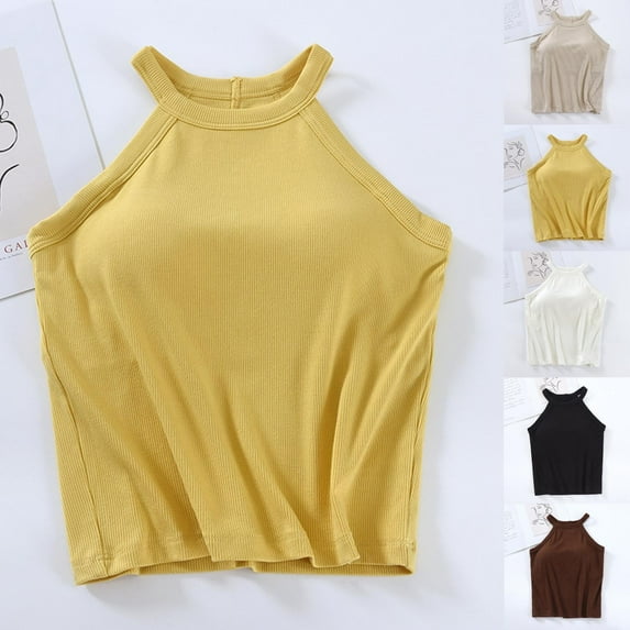 Jinhomg Womens Built in Bra Camisoles 2025 Casual Halter Neck Tank Tops Basic Solid Sleeveless Crop Sports Shirts with Chest Pad Coffee L