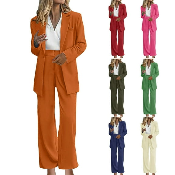 Jinhomg Womens Business Office Outfits Open Front Notched Neck Blazer Jacket with High Waist Long Pants 2 Piece Suit Sets Pink XXL