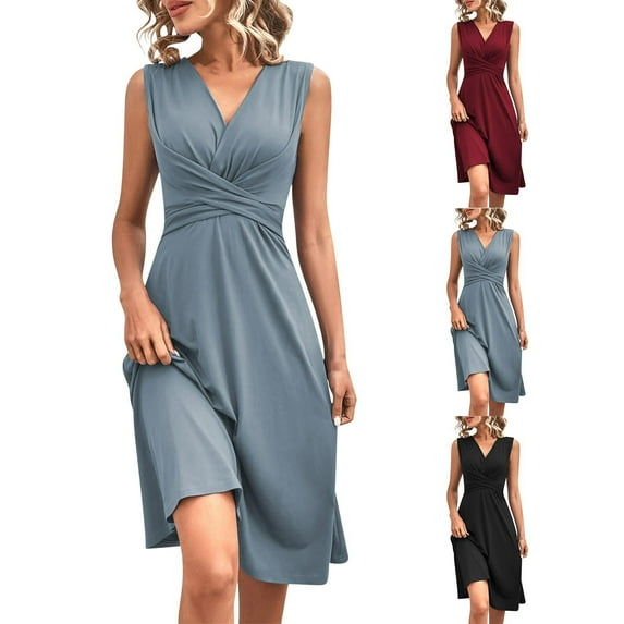Jinhomg Womens Business Work Dress Elegant Wrap V-Neck A-Line Midi Dresses Plain Solid Sleeveless Ruched Dress Summer Cotton office Wear Gray M