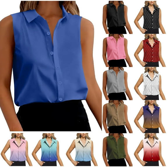 Jinhomg Womens Button Down Shirts Dressy Casual Sleeveless Lapel Collar Tank Tops Loose Fit Comfy V-Neck Summer Blouses Daily Wear Purple S