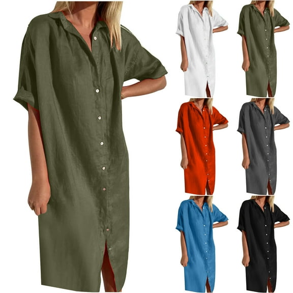 Jinhomg Womens Button Down Shirt Dresses Lightweight Comfy Cotton Linen Dress Casual Loose Solid Short Sleeve Vacation Dresses Sales Today Clearance Dark Gray S