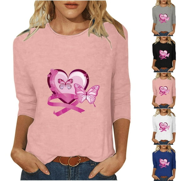 Jinhomg Womens Cancer Awareness T Shirts Cute Pink Ribbon Heart Graphic Tops Fall Lightweight 3/4 Length Sleeve Holiday Blouse Casual Comfy Crew Neck Tunics Blue XL