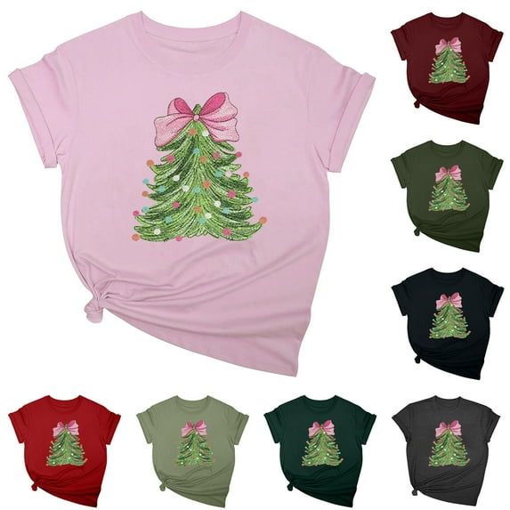 Jinhomg Womens Casual Christmas T Shirts Comfy Short Sleeve Round Neck Tops Cute Xmas Tree Graphic Print Tees Ladies Holiday Gifts Mint Green XL