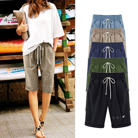 Jinhomg Womens Casual Cotton Linen Shorts Lightweight Comfy Knee Length Summer Shorts Baggy Elastic Drawstring Waist Beach Shorts with Pockets 90% off Clearance Sale Blue XXL