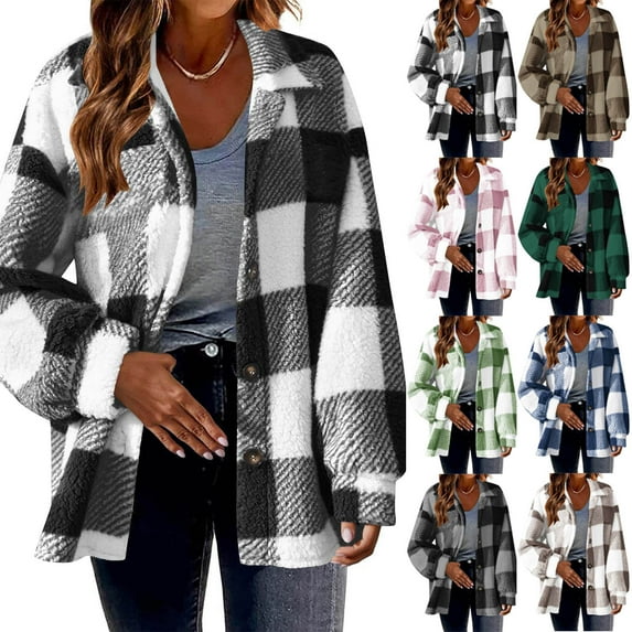 Jinhomg Womens Casual Fleece Coat Thermal Comfy Long Sleeve Button Down Shirt Jacket Soft Cozy Plaid Print Sherpa Lined Outerwear Ladies Gift Green XL
