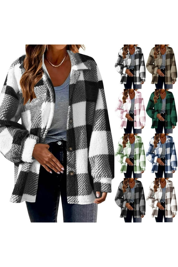 Womens Casual Fleece Coat Thermal Comfy Long Sleeve Button Down Shirt Jacket Soft Cozy Plaid Print Sherpa Lined Outerwear Ladies Gift Gray XXL