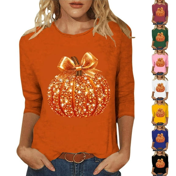 Jinhomg Womens Casual Halloween 3/4 Sleeve Crew Neck Tee Shirts Shiny Pumpkin Print T-Shirts Thanksgiving Fall Tops Ofertas relámpago de hoy White L