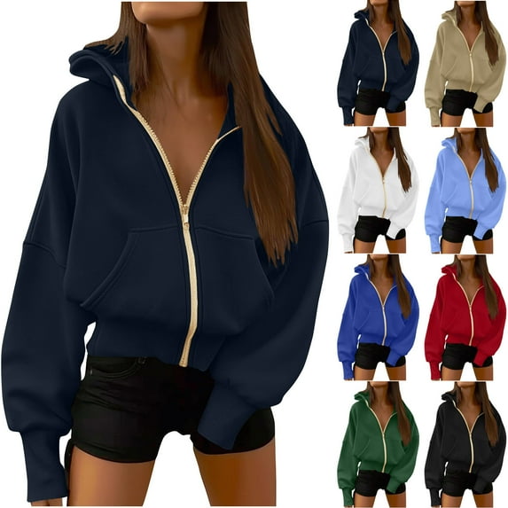 Jinhomg Womens Casual Hooded Sweatshirts Trendy Full Zip Drop Shoulder Jacket Fall Comfy Long Sleeve Solid Tops with Pocket Prime Day 2025 White S