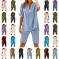 thumbnail image 1 of Jinhomg Womens Casual Outfits Loose Fit Comfy Short Sleeve Button Down Shirts with Straight Shorts 2 Piece Summer Linen Lounge Sets Navy M, 1 of 10