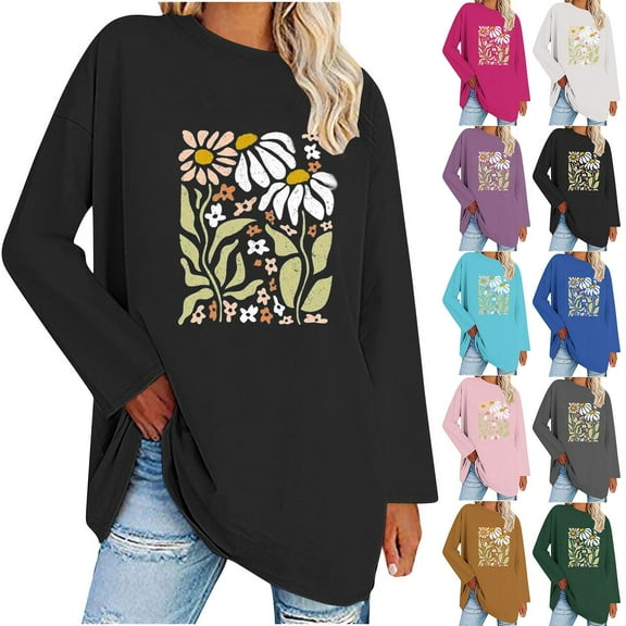 Jinhomg Womens Casual Pullover Tops 2026 Dressy Boho Floral Print Crew Neck Blouse Comfy Long Sleeve Drop Shoulder Fall Winter Tees Oversized Lightweight Pullover Gray XL