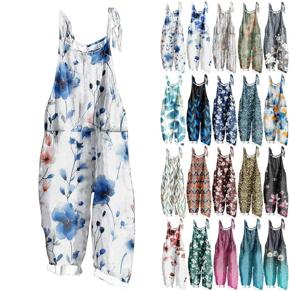 Jinhomg Womens Casual Sleeveless Romper Plus Size Spaghetti Strap Jumpsuit Loose Fit Comfy Floral Print Crew Neck Overalls with Pockets Multicolor XXXL