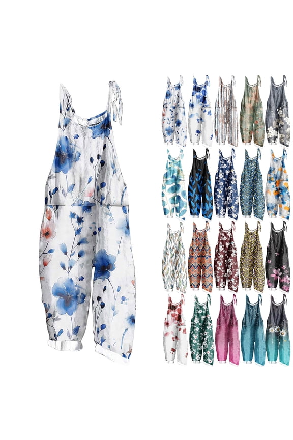 Womens Casual Sleeveless Romper Plus Size Spaghetti Strap Jumpsuit Loose Fit Comfy Floral Print Crew Neck Overalls with Pockets Gray XXL