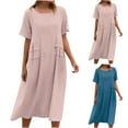 thumbnail image 1 of Jinhomg Womens Casual Summer Dress Plus Size Comfy Cotton Linen Beach Dresses Flowy Swing Short Sleeve Crew Neck Vacation Dress Limited Time Pink XXXXXL, 1 of 9
