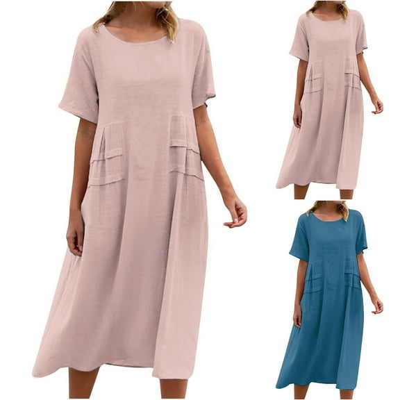 Jinhomg Womens Casual Summer Dress Plus Size Comfy Cotton Linen Beach Dresses Flowy Swing Short Sleeve Crew Neck Vacation Dress Winter Saving Blue S