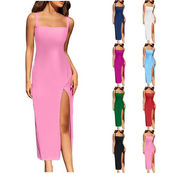 Jinhomg Womens Casual Summer Dresses Trendy Spaghetti Strap Split Midi Dress Slim Fit Square Neck Backless Party Club Going Out Dress Pink M