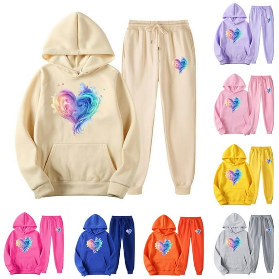Jinhomg Womens Casual Sweatsuit Sets 2 Piece Comfort Tracksuit Cute Heart Graphic Long Sleeve Hoodies with Elastic Waist Jogger Pants Fall Saving Purple L