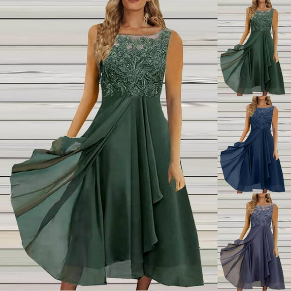 Jinhomg Womens Chiffon Dresses for Wedding Guest Elegant Lace Patchwork Maxi Dress Flowy Swing Sleeveless Summer Tank Dress formal Evening Dresses Army Green XXL