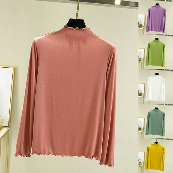 Jinhomg Womens Cotton Blend T Shirts Fall Trendy Full Sleeve Ruffle Hem Pullover Dressy Comfy Drop Shoulder Solid Tops Casual Mock Neck Holiday Tees Black ang friday Deal Green XXL