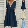 thumbnail image 1 of Jinhomg Womens Cotton Linen Dress Lightweight Comfy Midi Tshirt Dress Summer Flowy Casual Short Sleeve Pleated Beach Dress with Pockets Beige M, 1 of 7