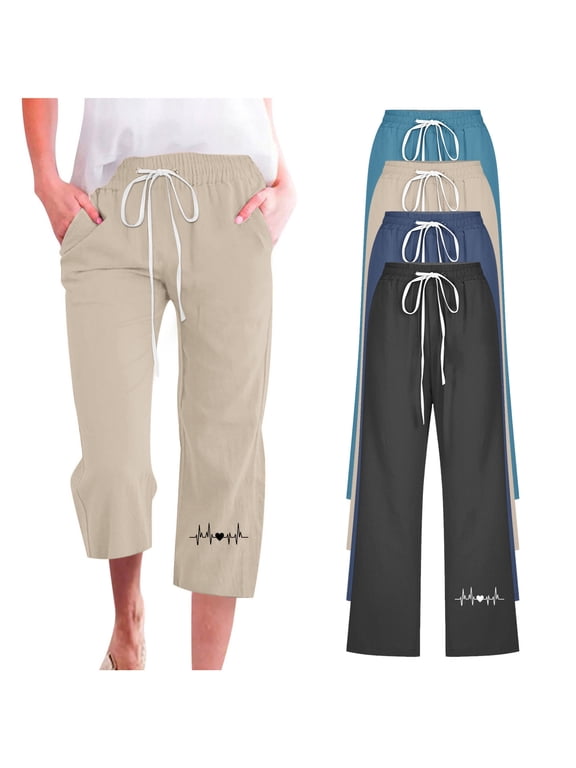 Womens Cotton Linen Pants Plain Love Heart Print Capri Pant Casual Comfy Elastic Drawstring Waisted Trousers with Pockets Daily Wear Khaki M