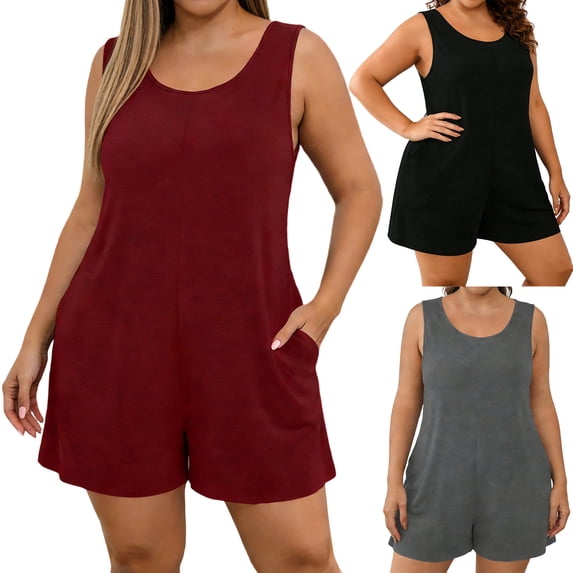 Jinhomg Womens Crewneck Sleeveless Jumpsuits One Piece Short Pants Summer Casual Beach Vacation Shorts Black XXXXXL