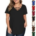 thumbnail image 1 of Jinhomg Womens Criss Cross V Neck Tops Plus Size Casual Summer Tunic Blouses Short Sleeve Hide Belly Shirt Loose Fit Tunics with Curved Hem Blue XL, 1 of 8