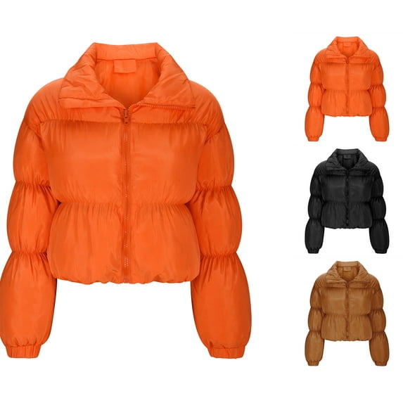 Jinhomg Womens Crop Puffer Jacket Casual Comfy Long Sleeve Zip Up Coat Fall Winter Warm Solid Outwear Jacket 90 Percent off Clearance Sale Orange L