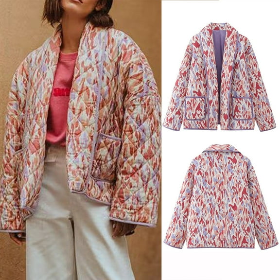 Jinhomg Womens Crop Quilted Jackets Lightweight Floral Print Lapel Collar Puffer Coat Short Padded Open Front Winter Outwear Pink M